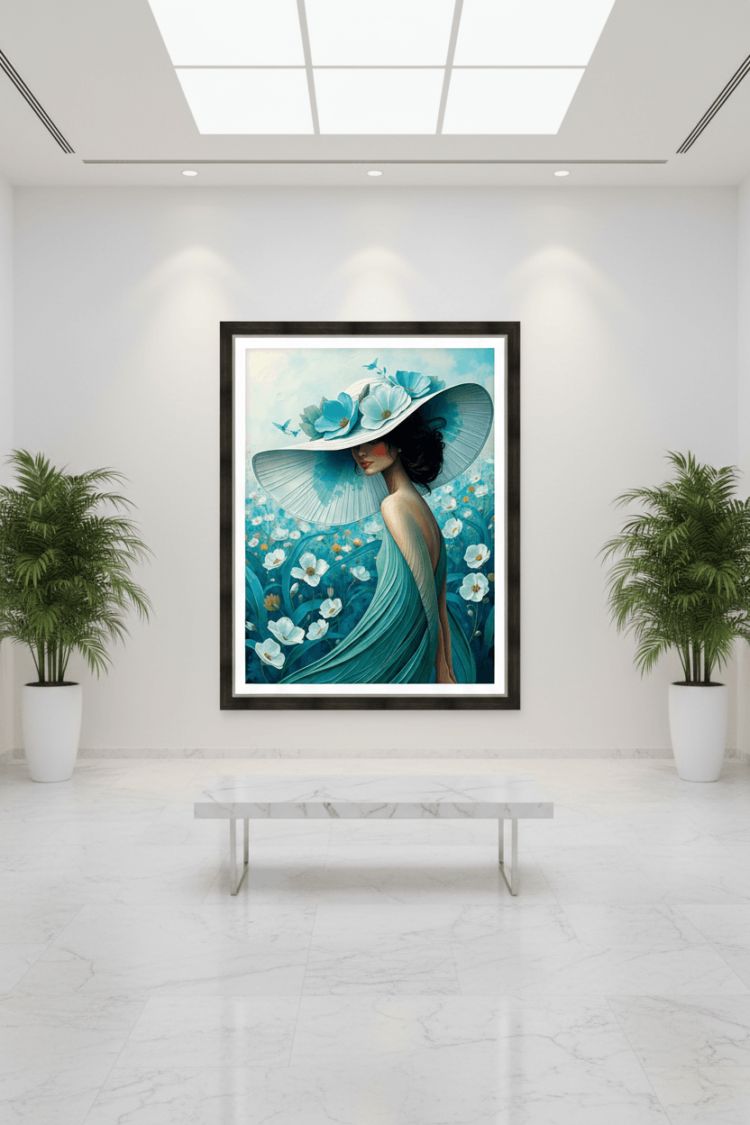 Framed floral portrait artwork: turquoise-dressed woman in a wide hat with blue blooms.