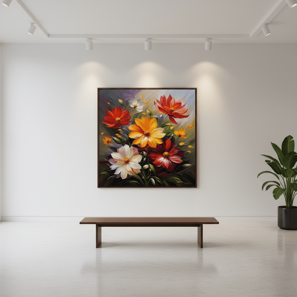 Framed floral wall art with red, orange, yellow, and white flowers with green stems.