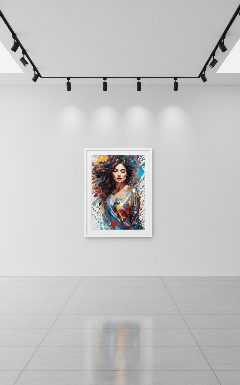 Small framed portrait print of a woman with dark hair and blue, red, yellow paint splashes