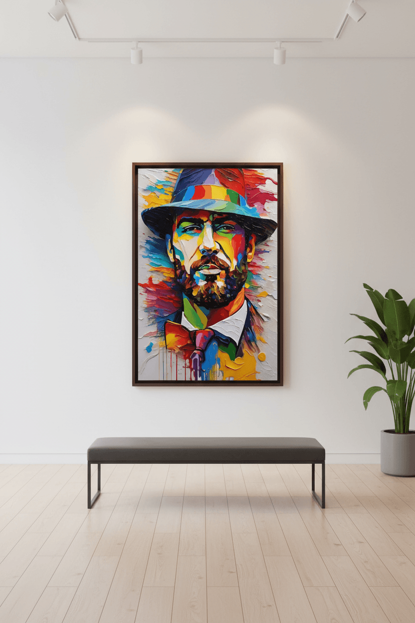 Framed colorful abstract portrait of a man in a hat and bow tie