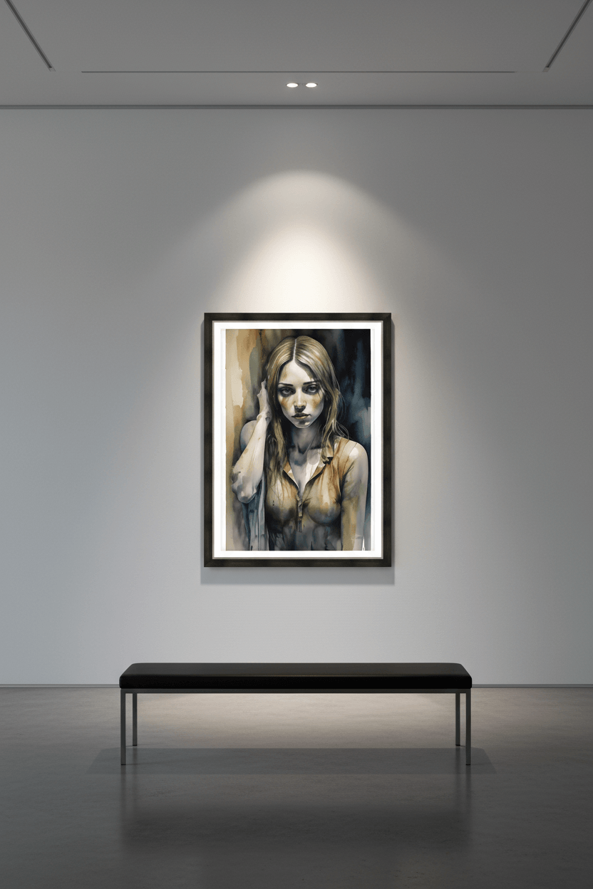 Framed watercolor portrait of a woman looking down, blue and beige wash