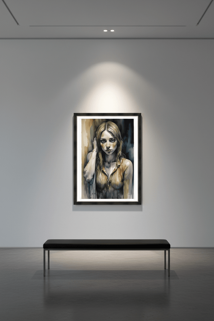 Framed watercolor portrait of a woman looking down, blue and beige wash