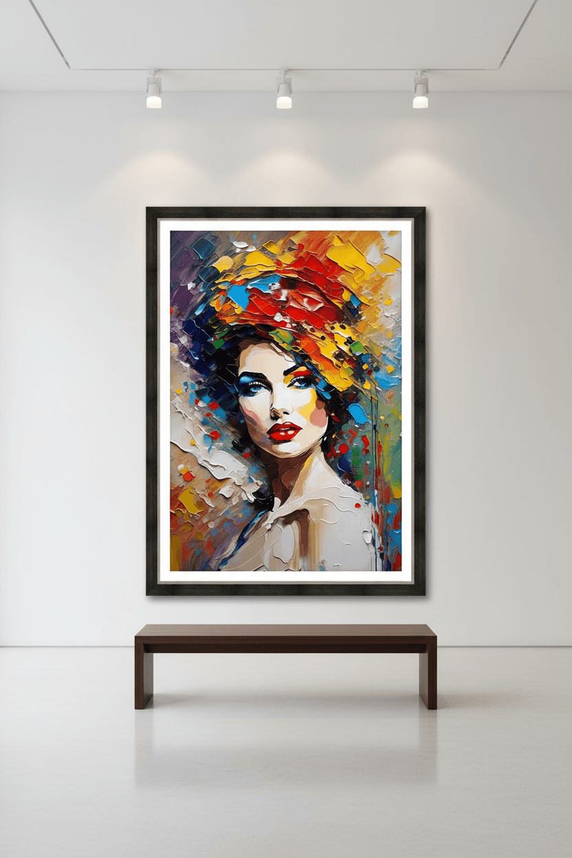 Framed abstract woman portrait with vivid reds, yellows, and blues displayed on bench