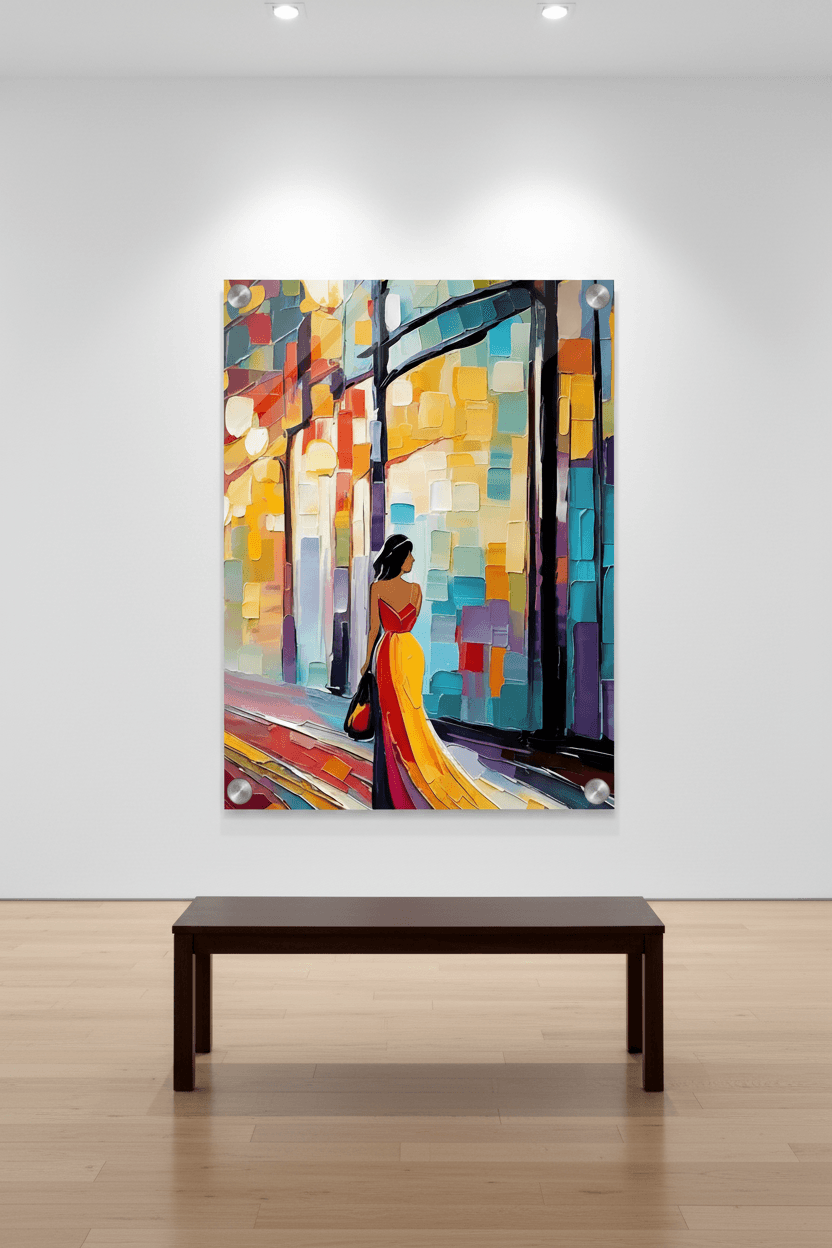 Colorful city figurative wall art featuring a woman in red and yellow dress standing in doorway