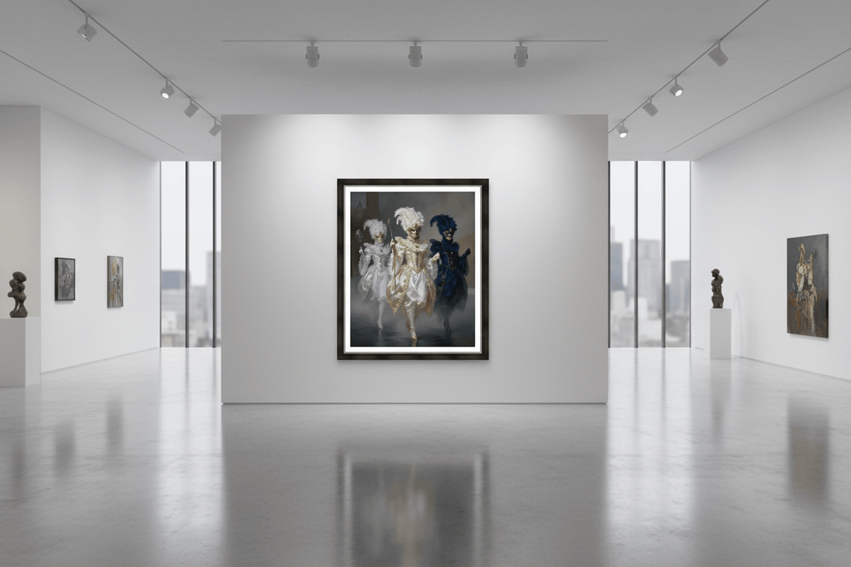 Framed masquerade trio artwork with three masked dancers in white, gold, and blue