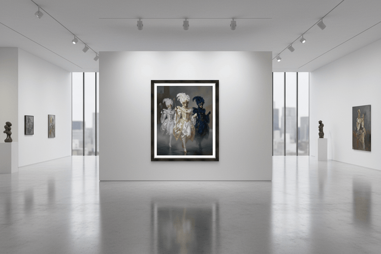 Framed masquerade trio artwork with three masked dancers in white, gold, and blue