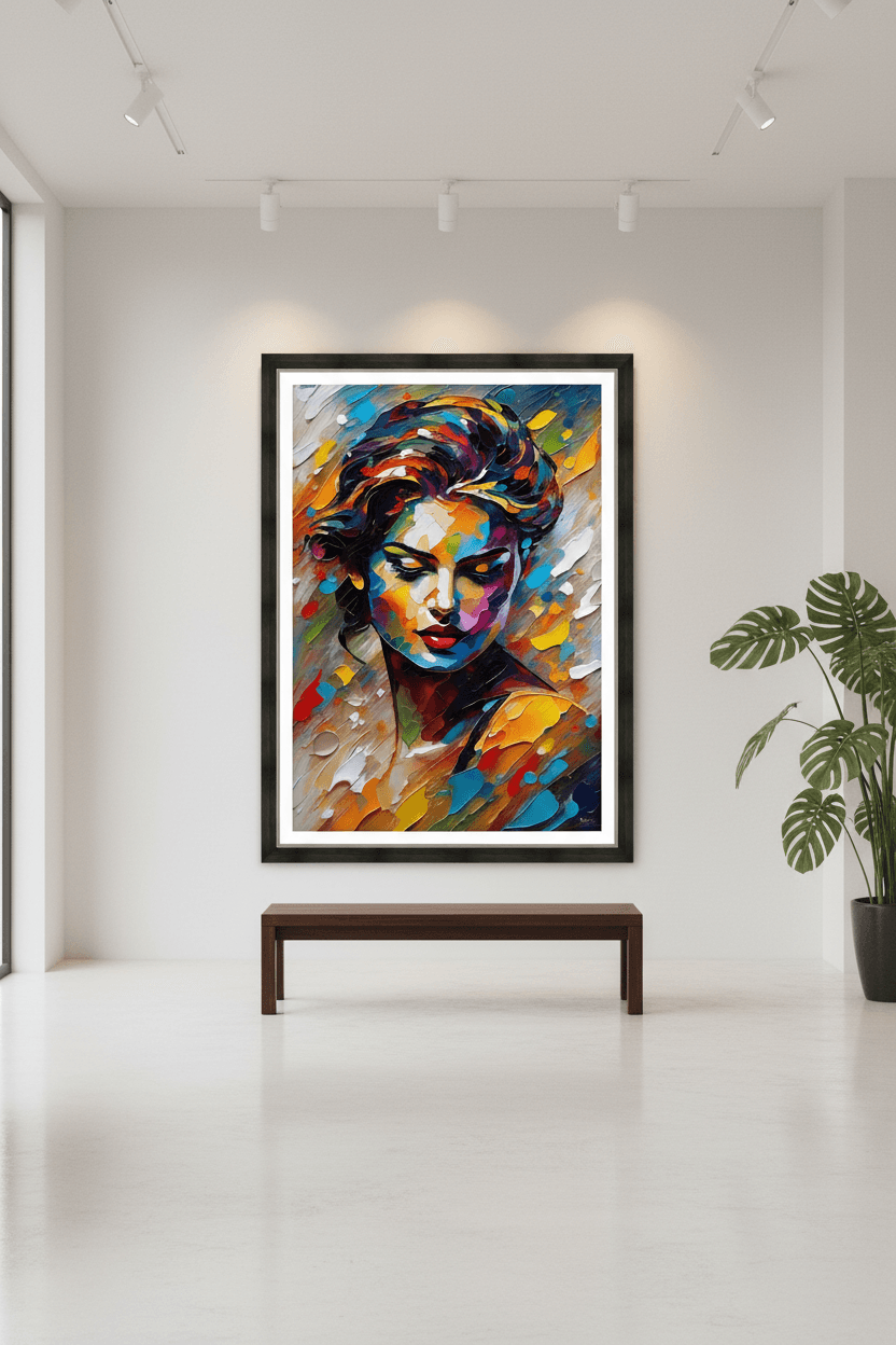 Framed abstract expressionist portrait print with multicolor painted face