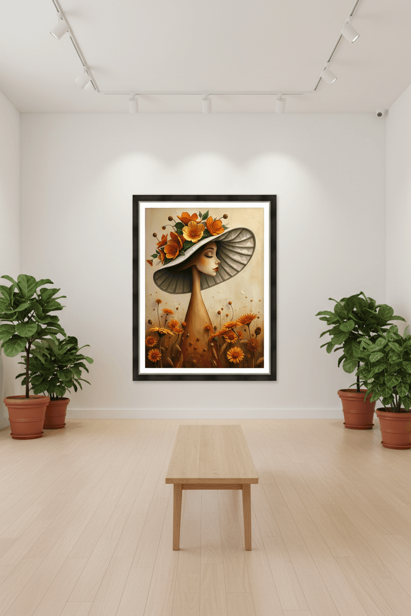 Framed floral portrait artwork showing a woman in a hat with orange blossoms