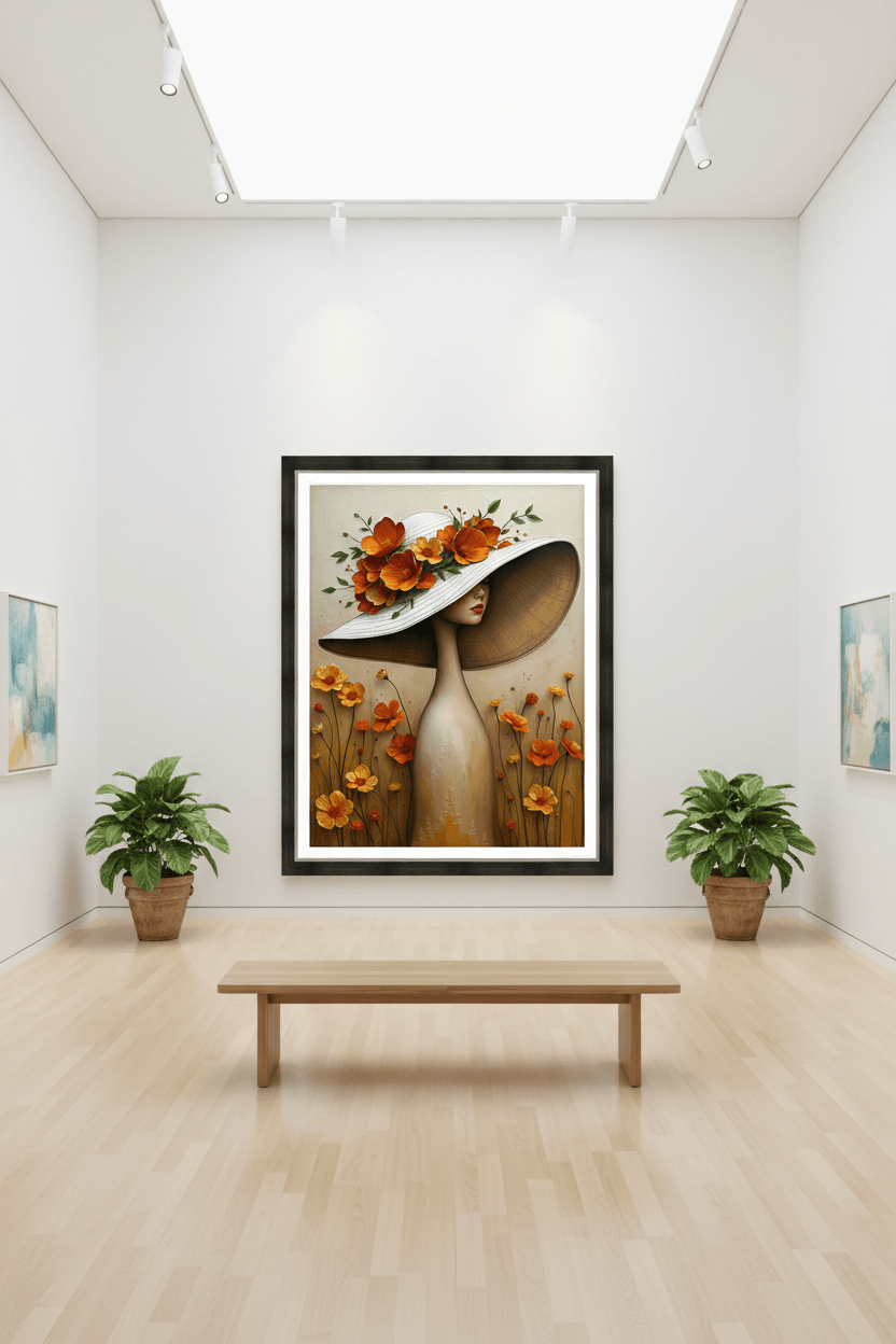 Framed floral portrait wall art featuring a white hat woman with orange blossoms
