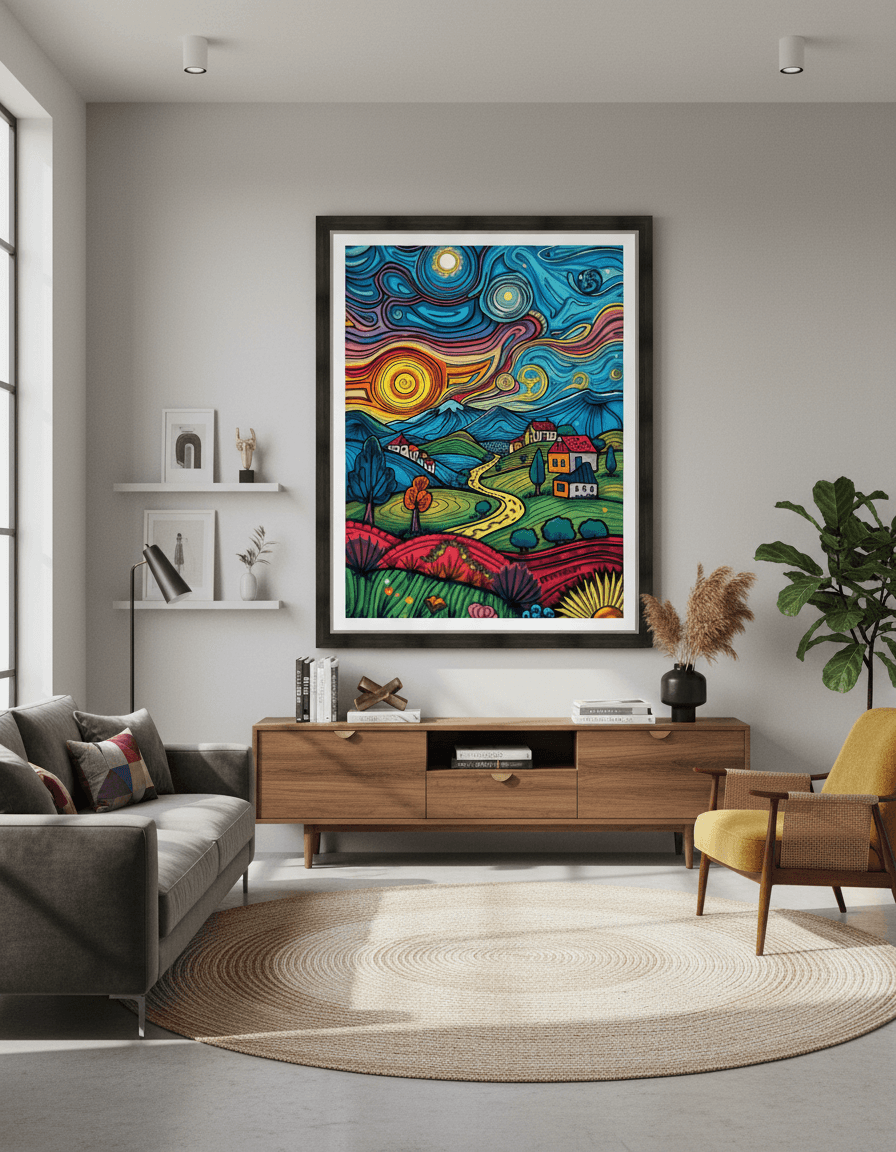 Framed abstract landscape artwork with teal waves, yellow sun, red grass, and village houses.