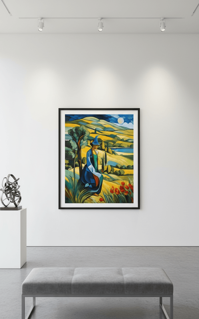 Framed vibrant art print showing a blue-hatted figure in a colorful pastoral valley