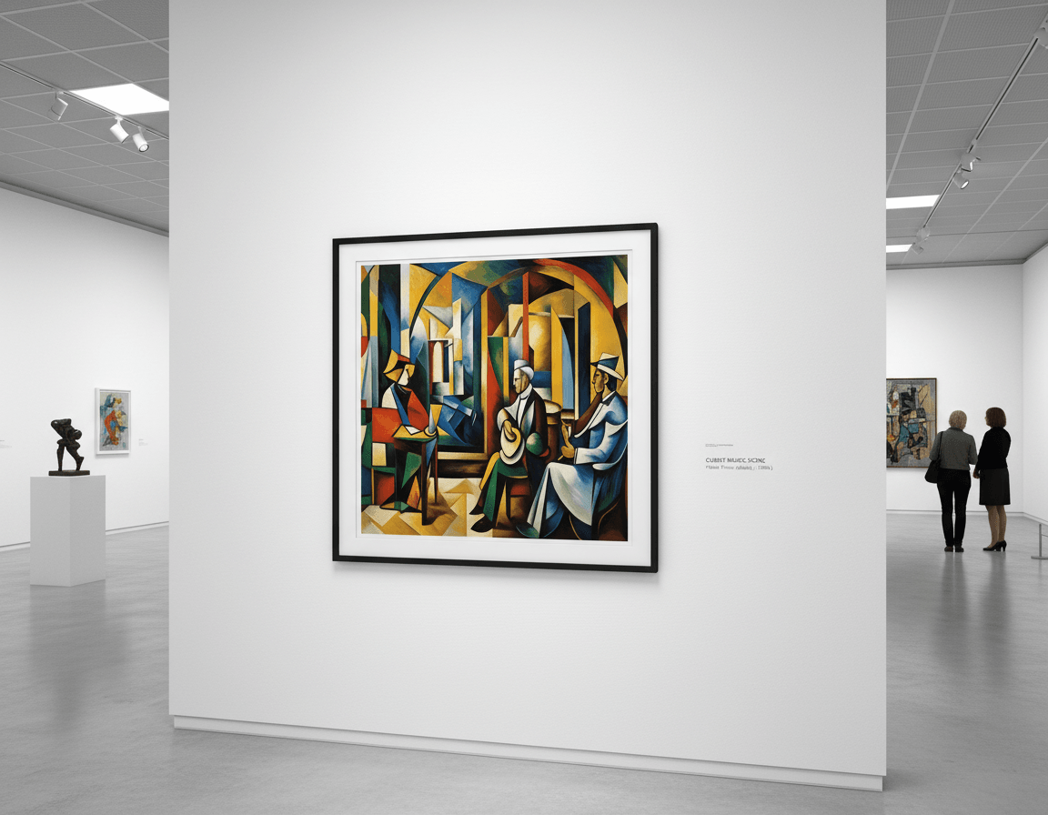 Framed cubist-style wall art print featuring robed figures, candles, and geometric columns