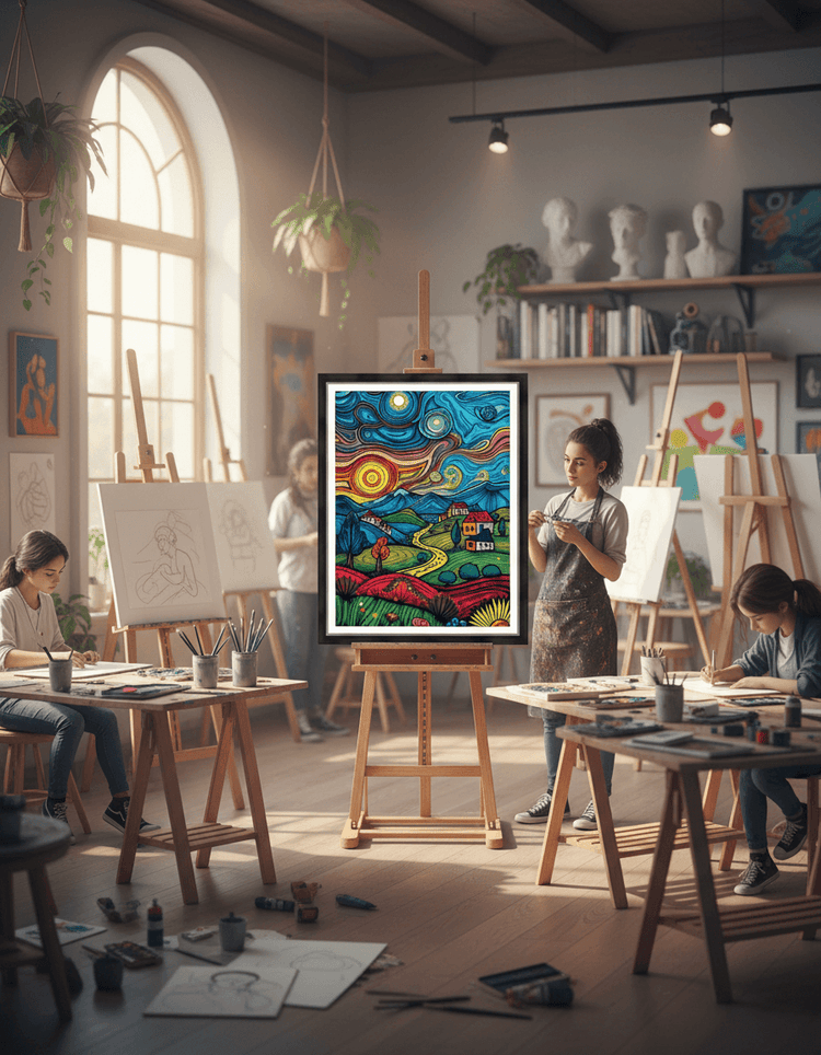 Framed abstract landscape artwork with teal skies, yellow sun, red foreground, and houses.