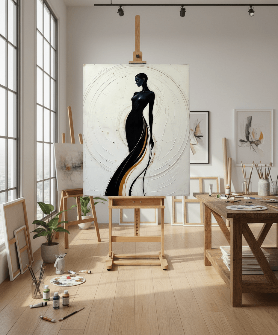 Framed wall art print with stylized woman silhouette and gold accent, abstract circular linework