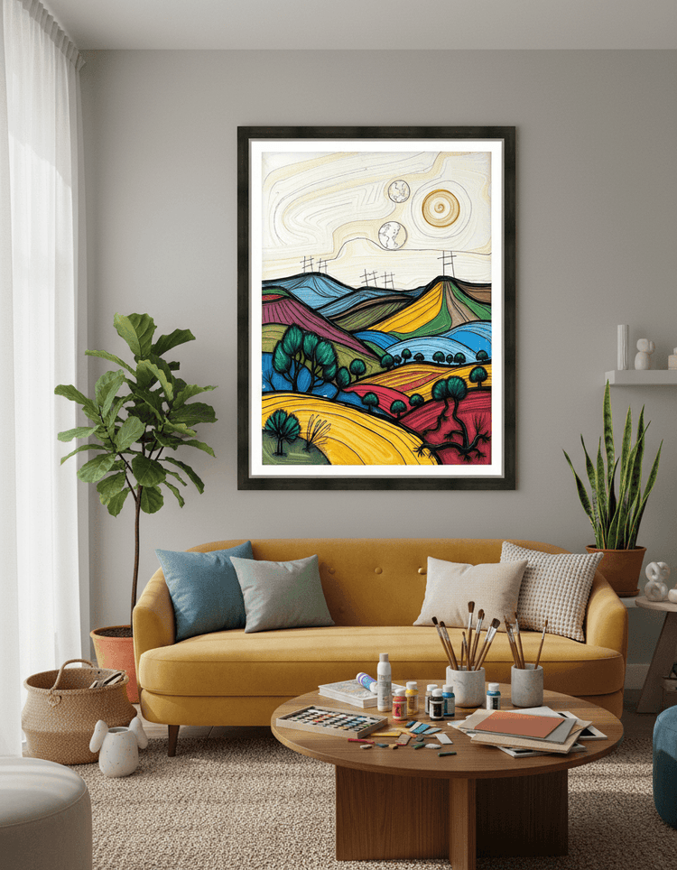 Framed abstract landscape print showing layered hills with teal, yellow, and magenta