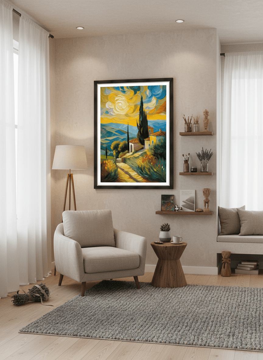 Framed impressionist landscape print with yellow road, tall cypress tree, and blue-green shrubs