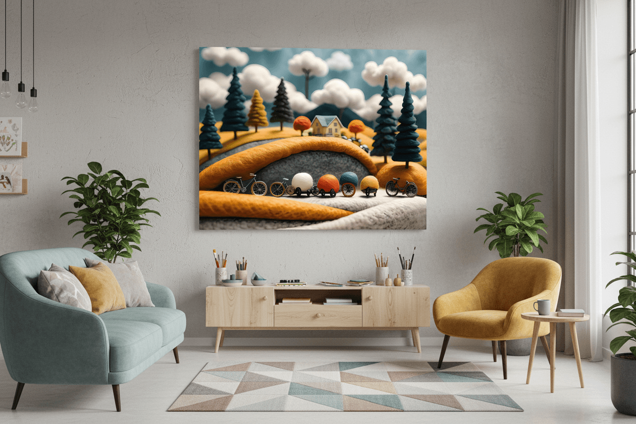 Framed bicycle journey wall art showing small bikes, yarn hills, trees, and clouds