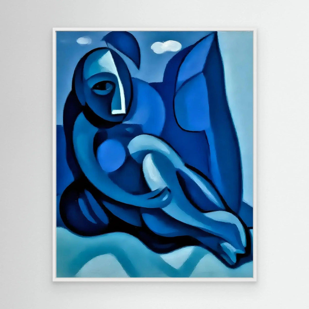 Abstract blue figure wall art print in a white frame with layered shapes