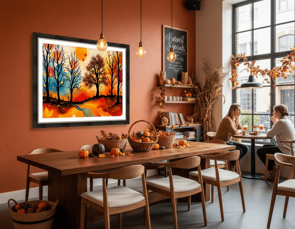 Framed abstract autumn landscape artwork with dark tree silhouettes and glowing sunset sky
