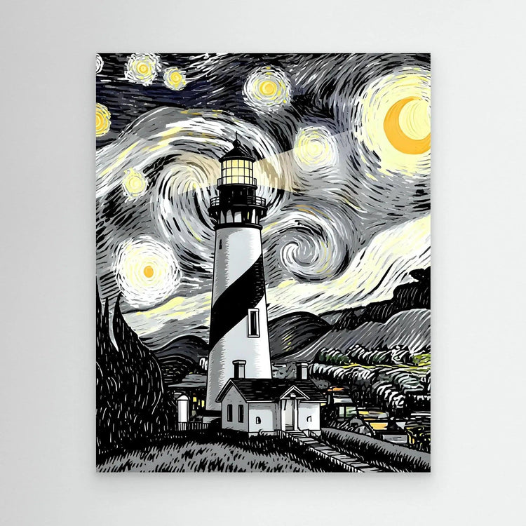 Framed lighthouse wall art with starry sky, swirling clouds, and moon over a coastal village.