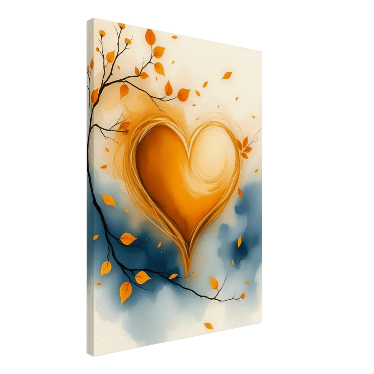 Canvas gallery wrap watercolor art featuring a glowing orange heart with swirled highlights and leaves.
