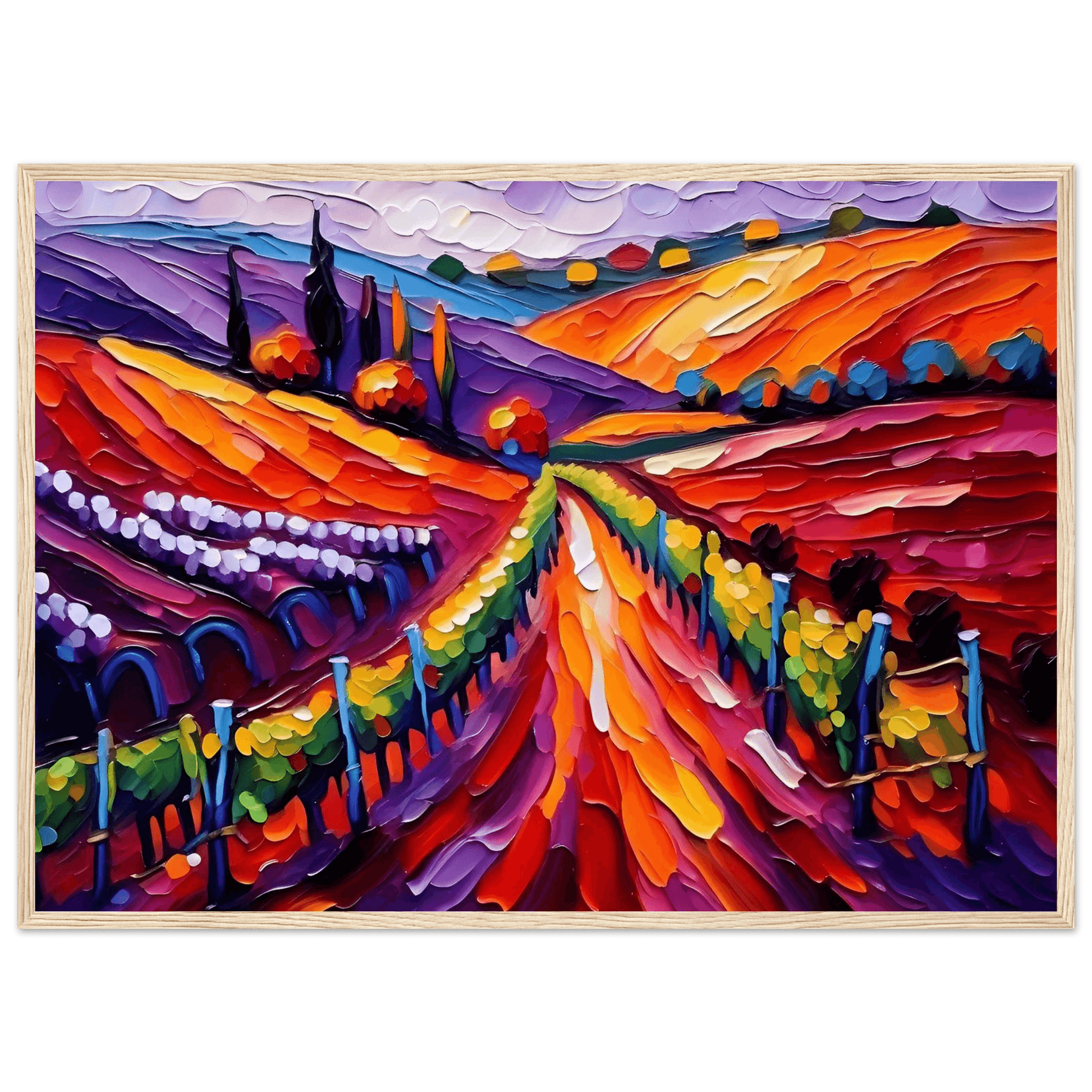 Vibrant textured vineyard landscape wall art in light wood frame with purple and blue accents