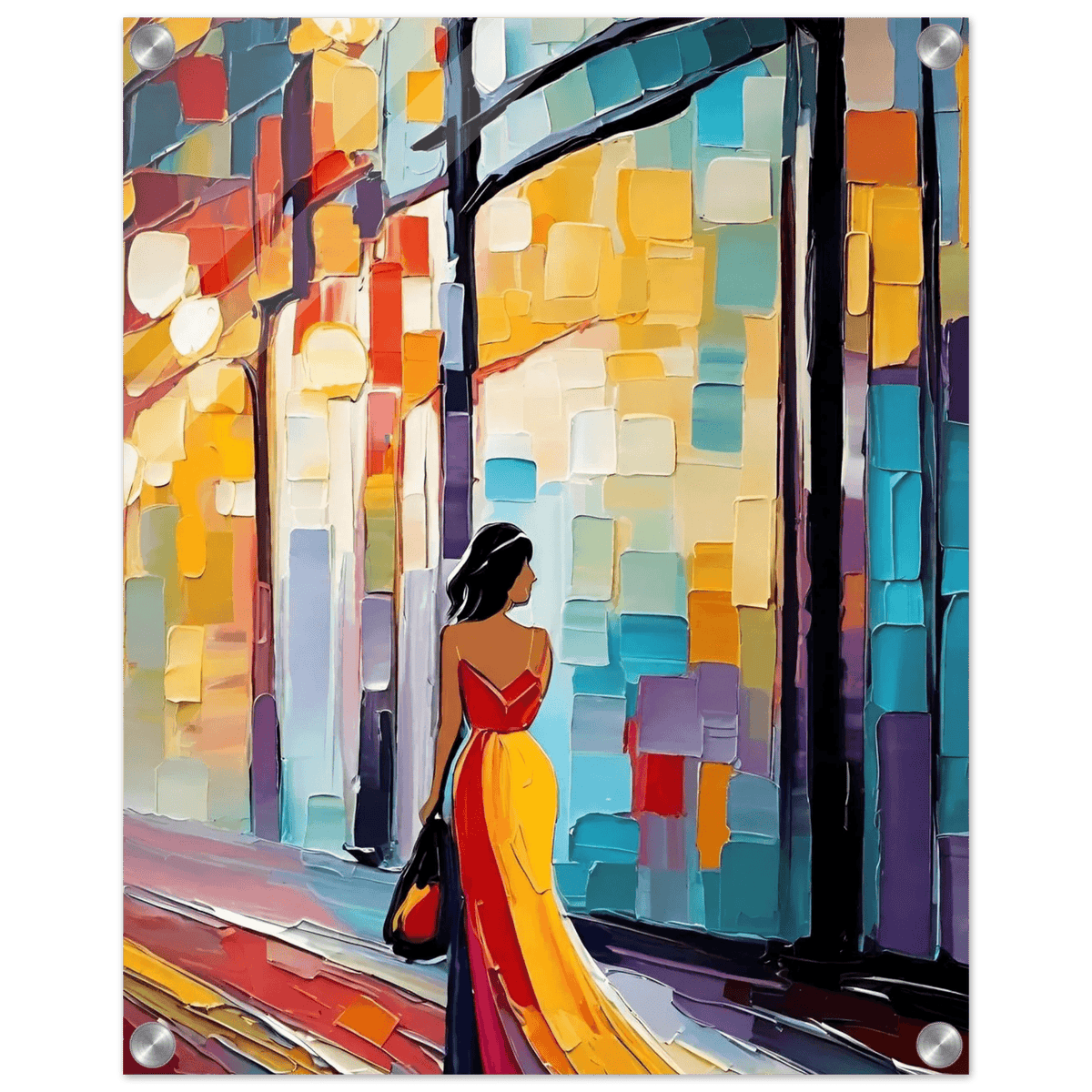 Colorful city figurative wall art showing woman in red and yellow dress beside colorful columns