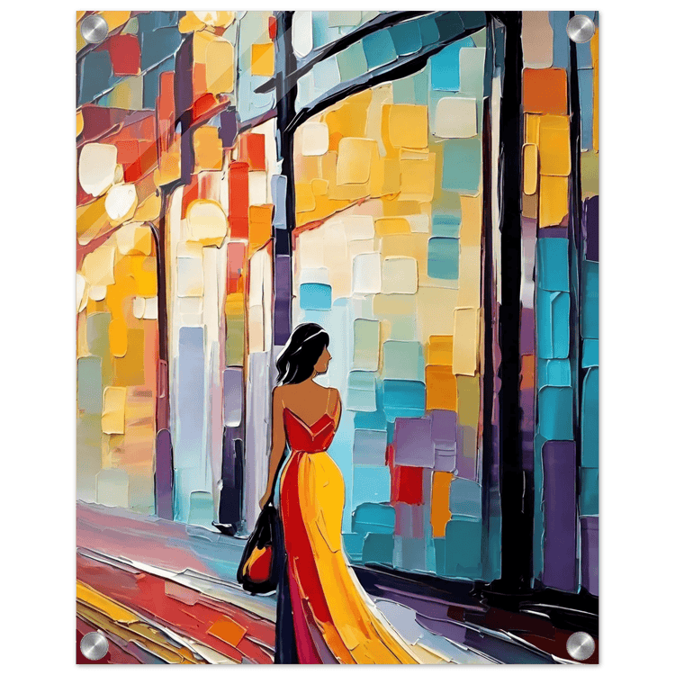 Colorful city figurative wall art showing woman in red and yellow dress beside colorful columns