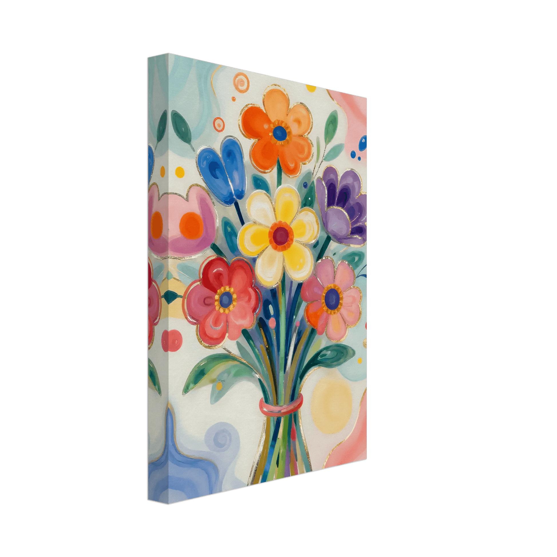 Colorful floral bouquet canvas wall art with multicolor blossoms and green leaves in a vase