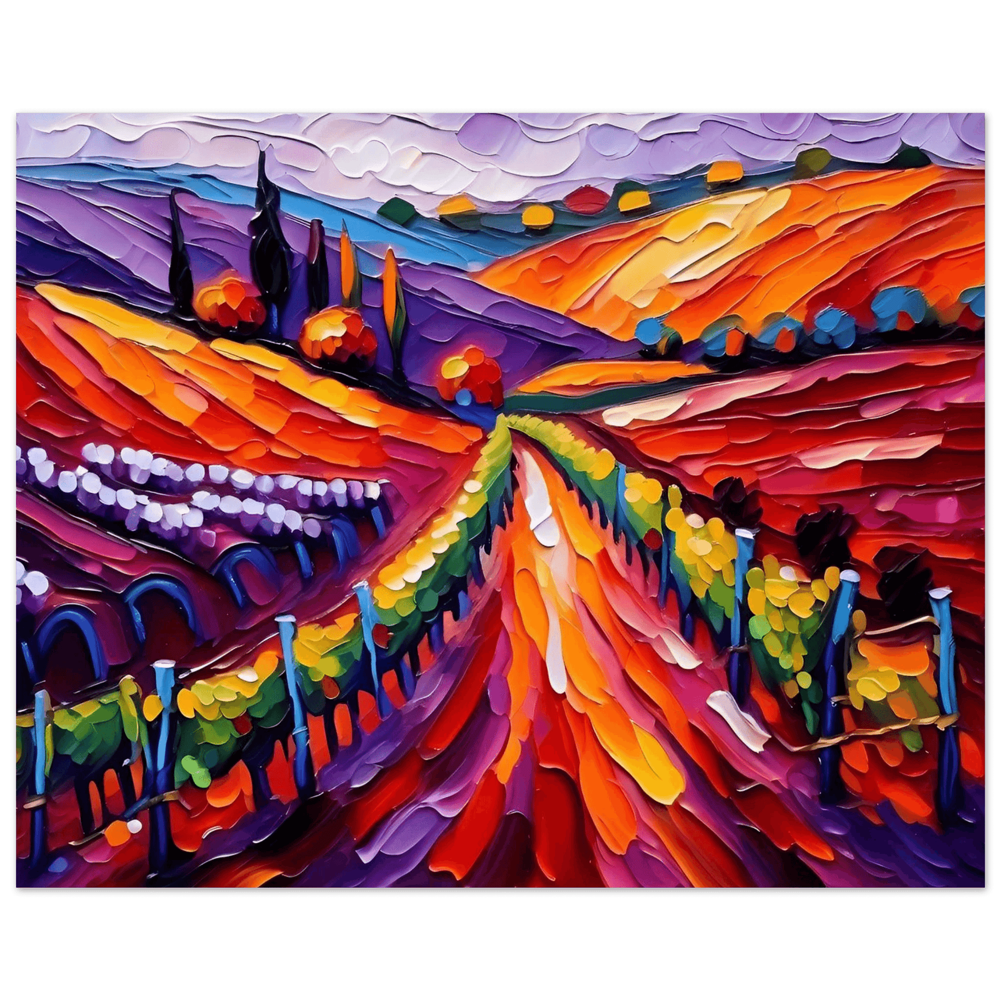 Framed vineyard landscape wall art with colorful hillside terraces, green clusters, and a blue sky