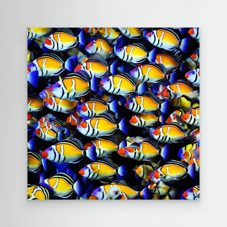 Tropical fish print with blue water, yellow and orange fish, no frame