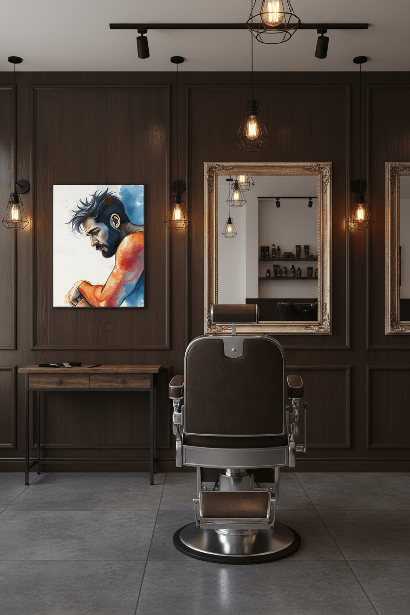 Framed portrait wall art of a contemplative man in vivid blue, orange, and purple hues.