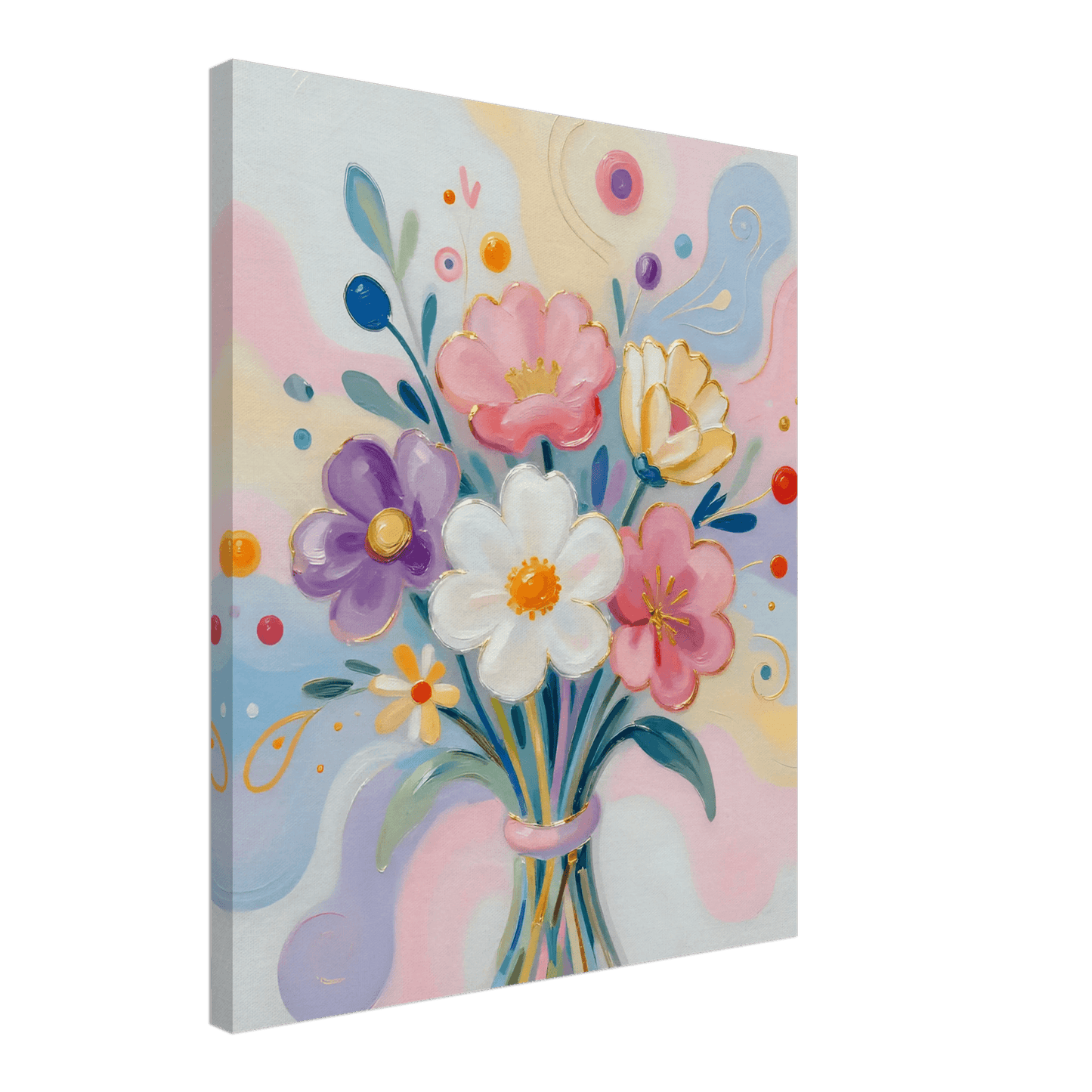 Pastel floral bouquet canvas print with layered flowers and curly swirl decorations