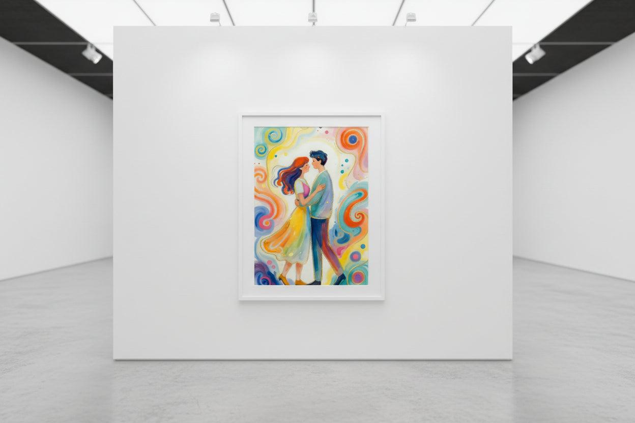 Framed romantic couple canvas wall art, woman in yellow dress and man in blue with swirls