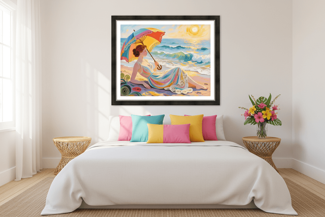 Framed beachwoman art print above a bed, showing a seated woman under a colorful umbrella.