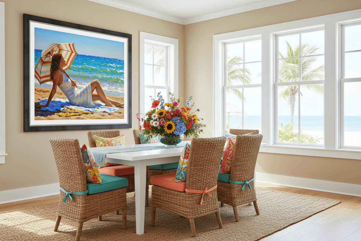 Reclining beach woman art print with striped umbrella and colorful dress on sand