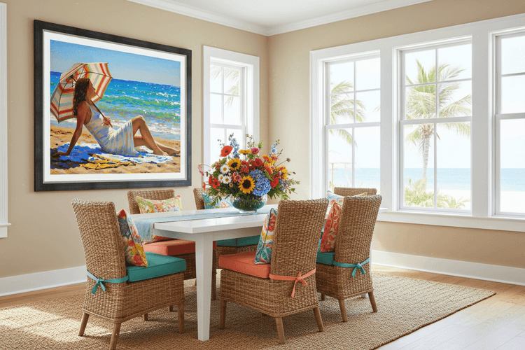 Reclining beach woman art print with striped umbrella and colorful dress on sand
