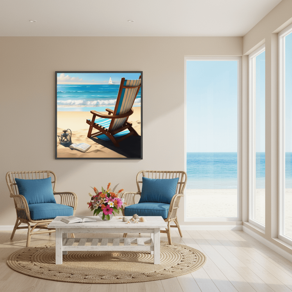 Framed beach art print on wall, view of sandy beach, striped chair and blue ocean