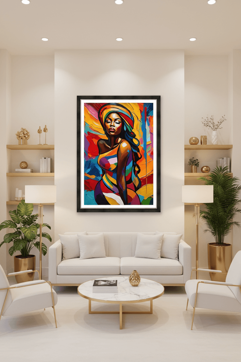 Framed abstract portrait artwork of a woman against bold multicolor background