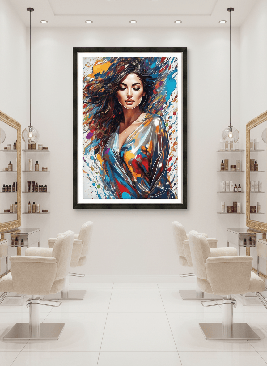 Framed contemporary portrait print of a woman with dark hair, glossy blue skin tones, colorful splatter
