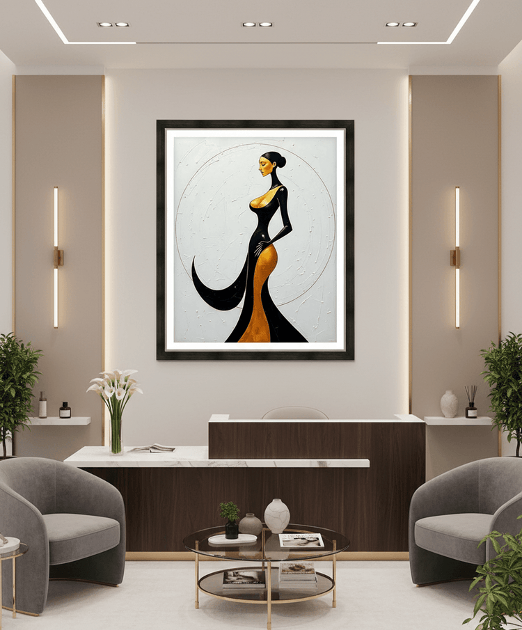 Framed canvas art featuring a stylized Art Deco woman with golden and black accents