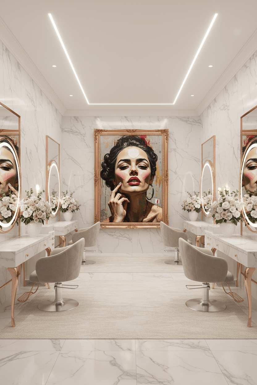 Large framed portrait print of a woman with bold makeup, red lipstick, and hoop earrings.