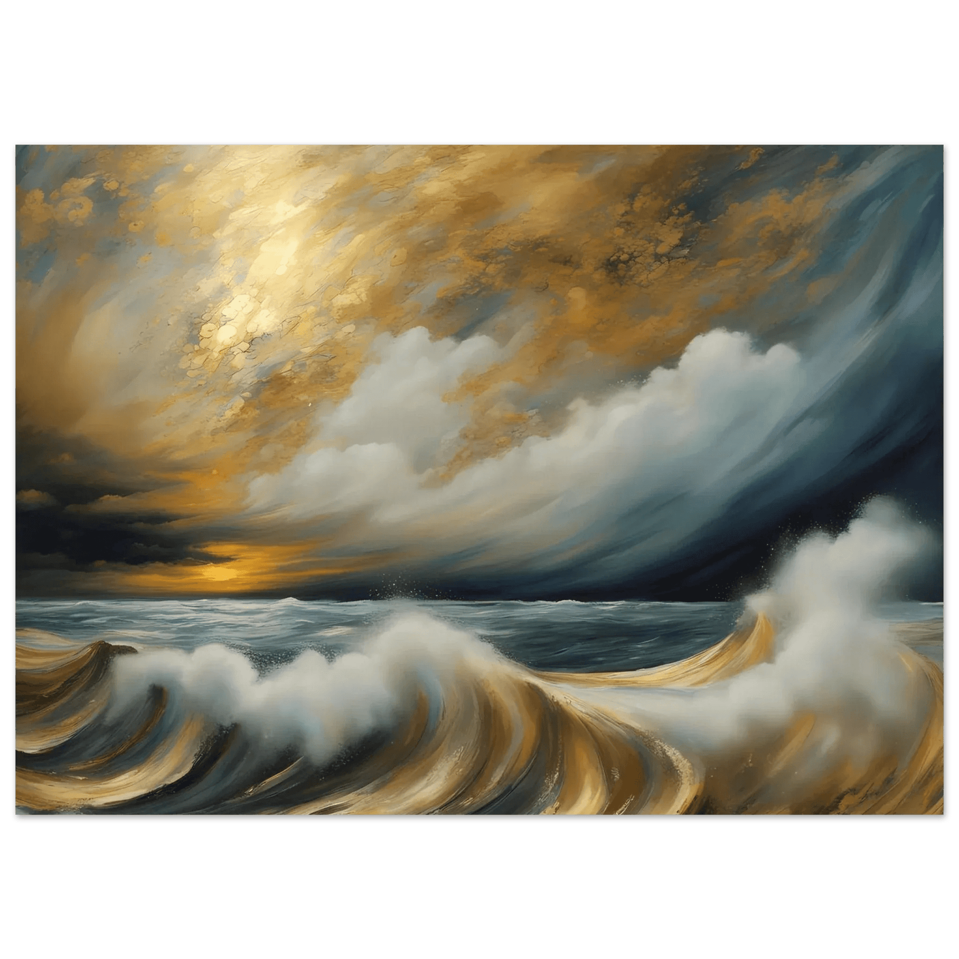 Seascape wall art with thin blue-gray border, storm sky, and golden foamy waves
