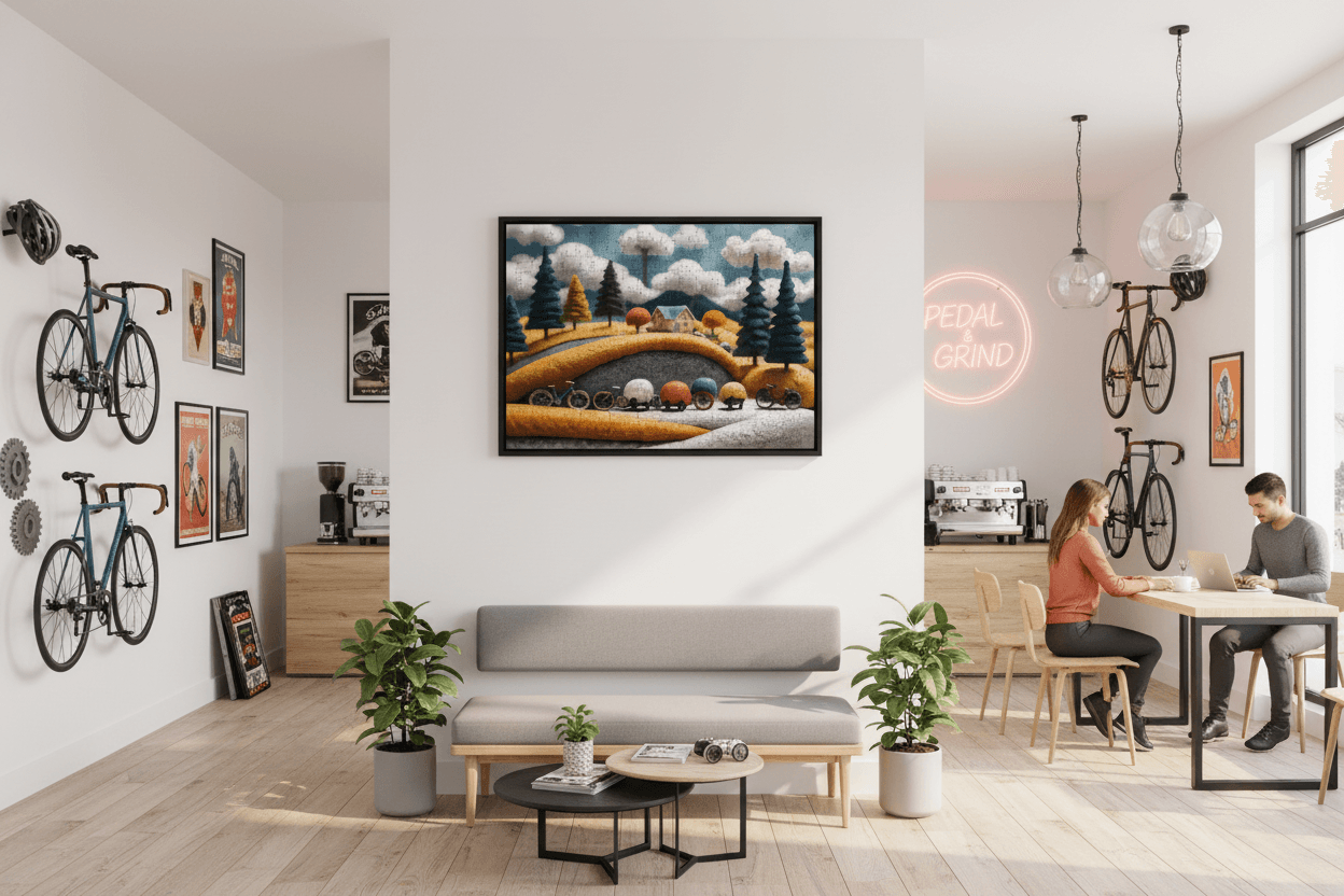 Framed artwork of a bicycle journey through yarn hills with trees and floating clouds