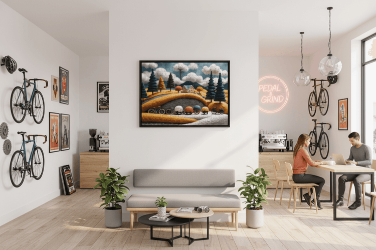 Framed artwork of a bicycle journey through yarn hills with trees and floating clouds
