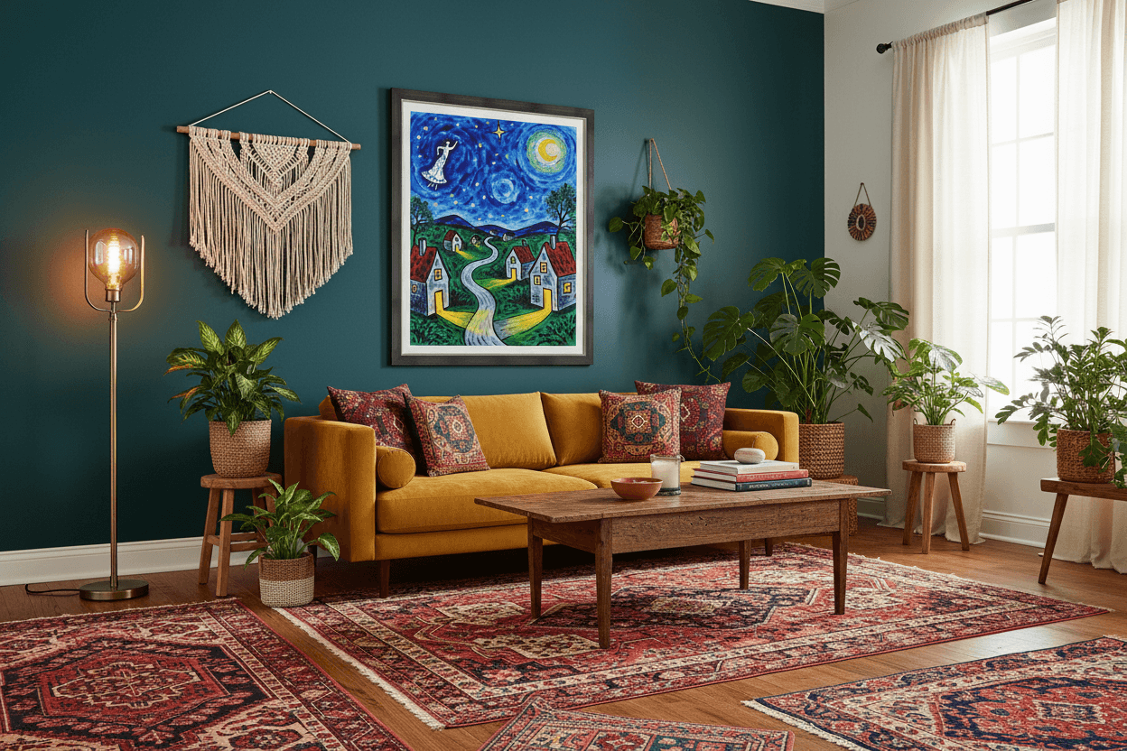 Framed night sky village wall art with stars, cat figure, moon, and a winding road