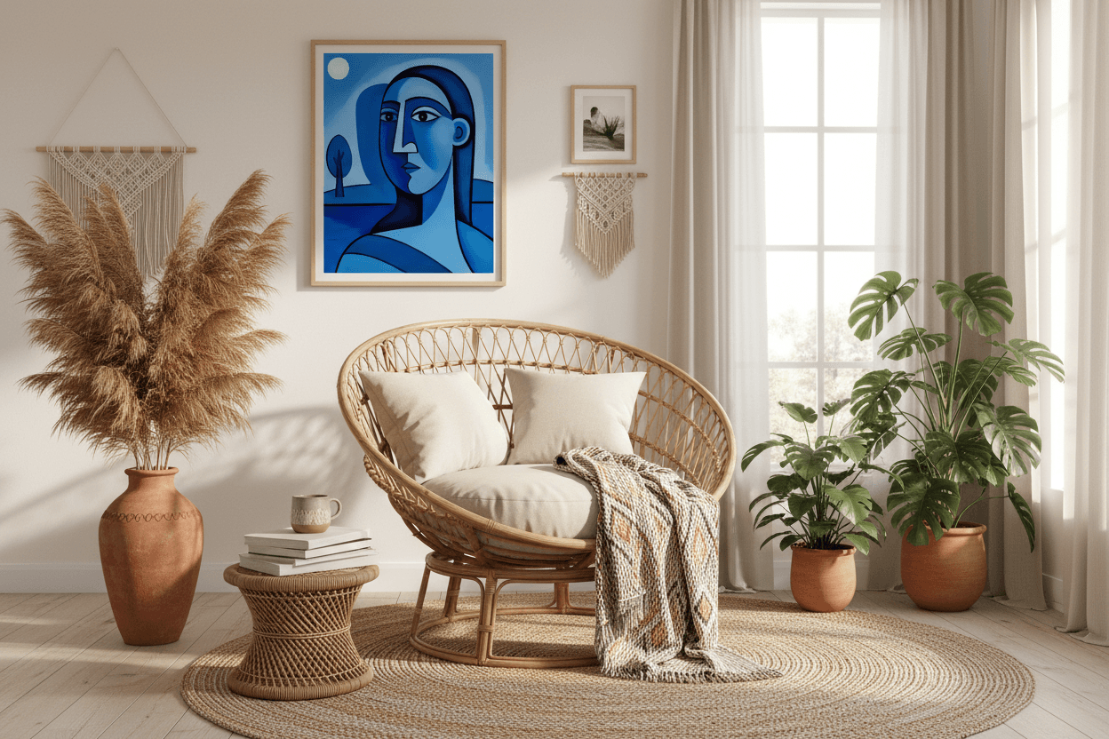 Blue abstract portrait wall art with light frame; stylized face centered in blue.