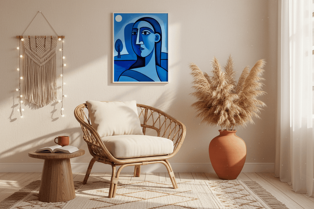 Blue abstract portrait wall art with dark frame above a small seating area.