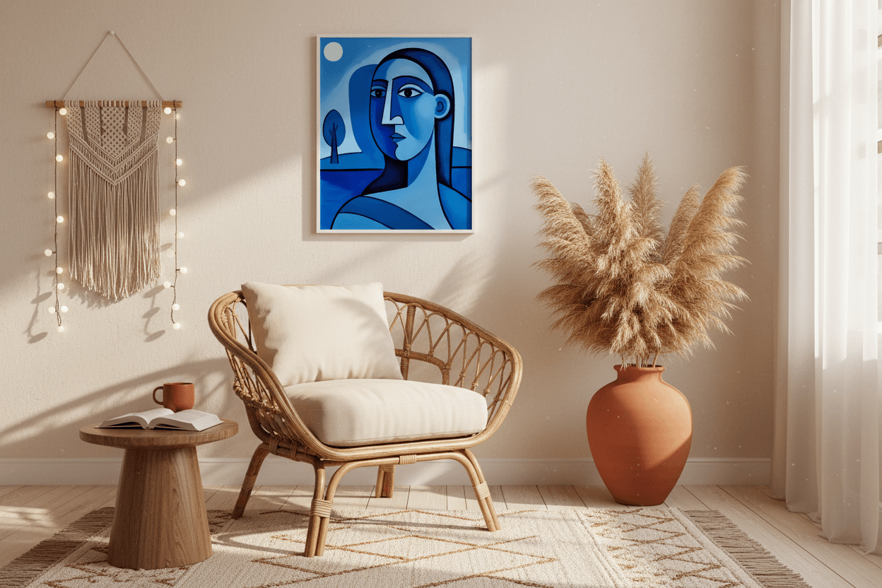 Blue abstract portrait wall art with dark frame above a small seating area.