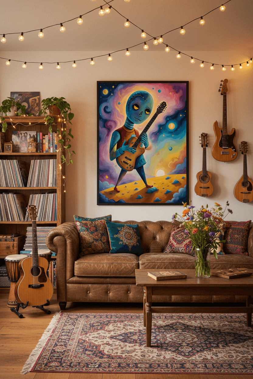 Colorful wall poster featuring a blue alien guitarist in a cosmic landscape with stars